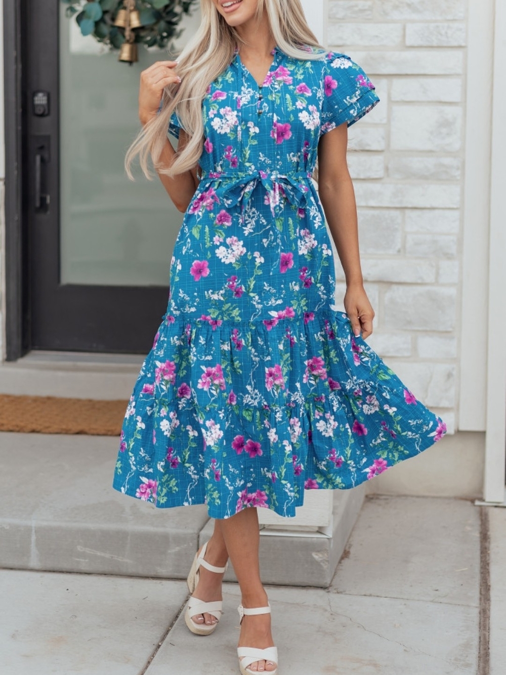 Blue Floral Tiered Midi Dress with Tie Waist
